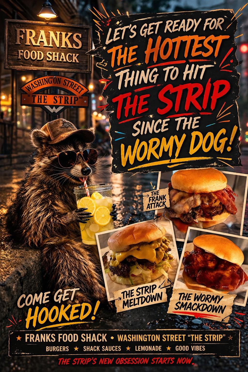 Frank's Food Shack on Washington Street at The Strip: signage, brand artwork, and menu highlights
