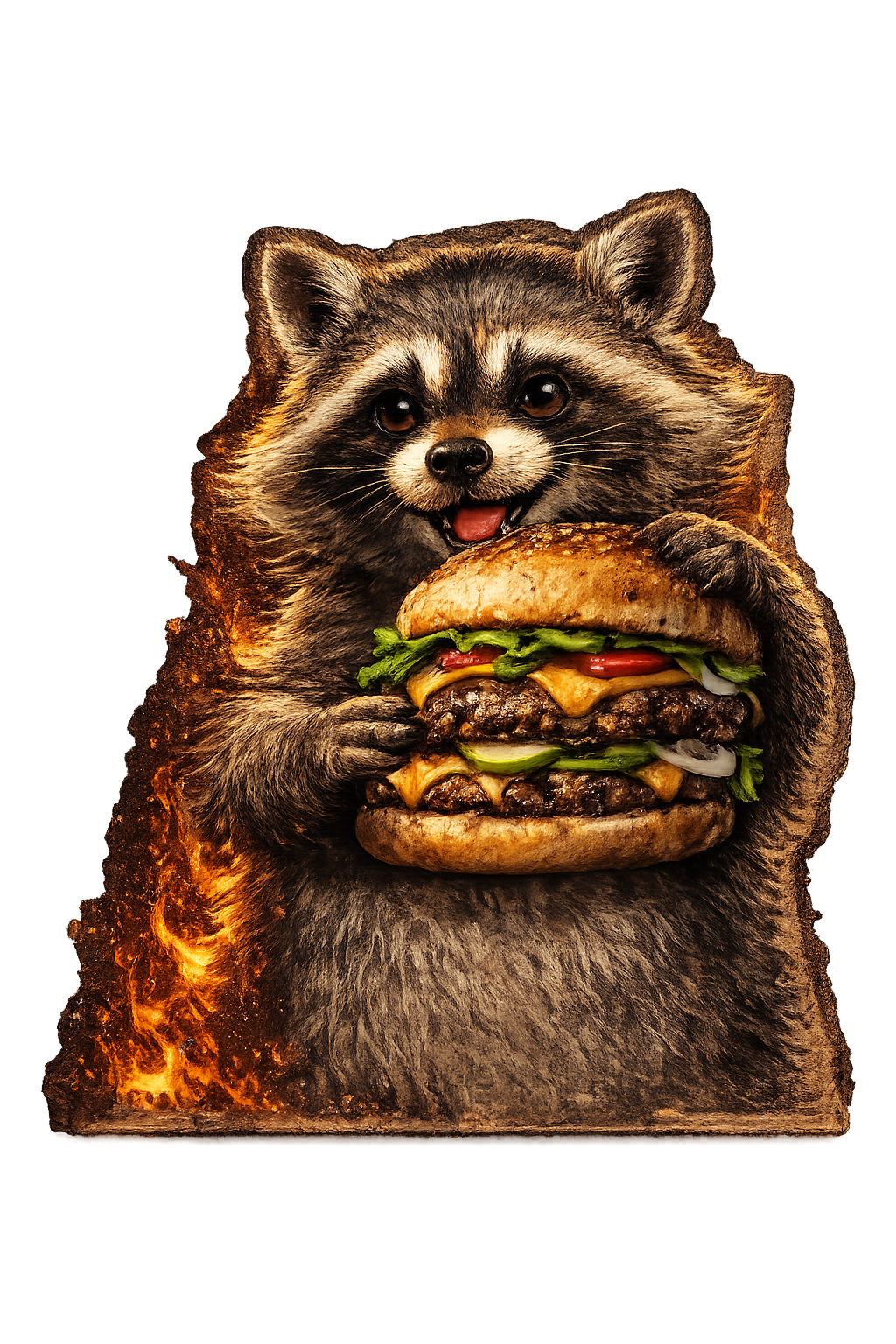 Raccoon mascot holding a burger