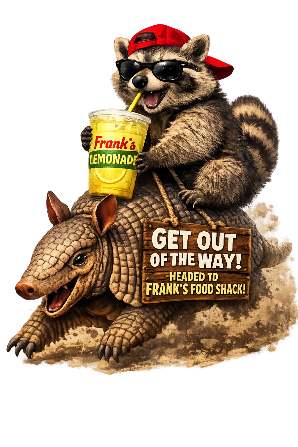 Raccoon ridin' the armadillo to Frank's Food Shack with lemonade—Get out of the way!